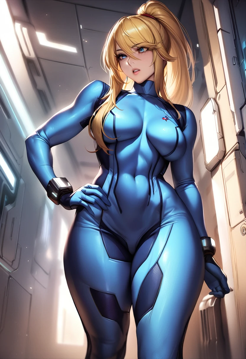 masterpiece, best quality, 1girl, (neoartcore:0.25), high quality cg defsamus, blonde hair, bodysuit, blue clothes, blue gloves,, cowboy shot, hand on hip, looking to the side, futuristic