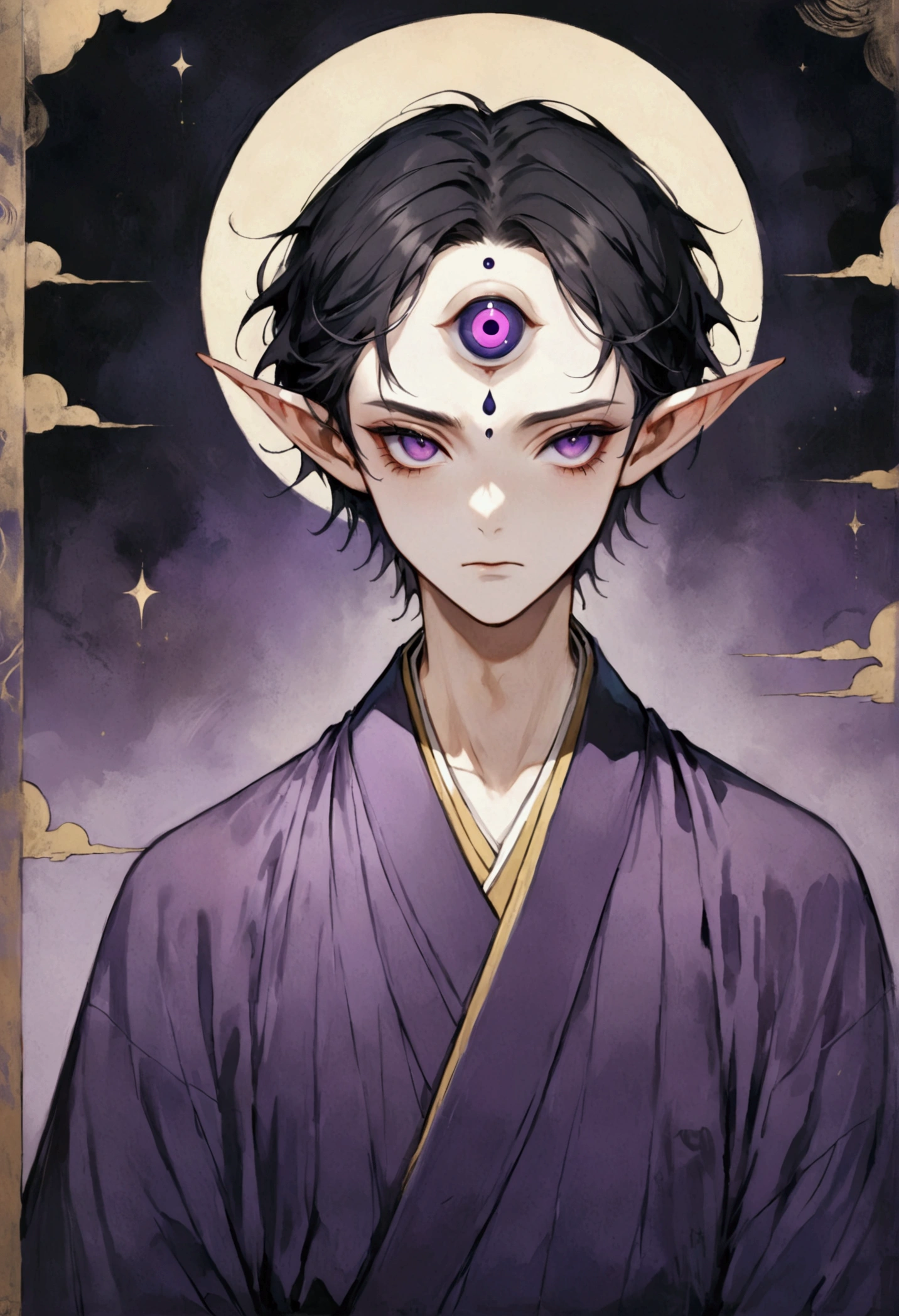 Art Illustration,Dark Style,(((1 Boy,独奏,third eye on the forehead,Elf ears))),(((Gorgeous Japanese purple kimono robe:1.6,Eye Diagram))).(((hand:1.37)))whole body,Death Stare Background。