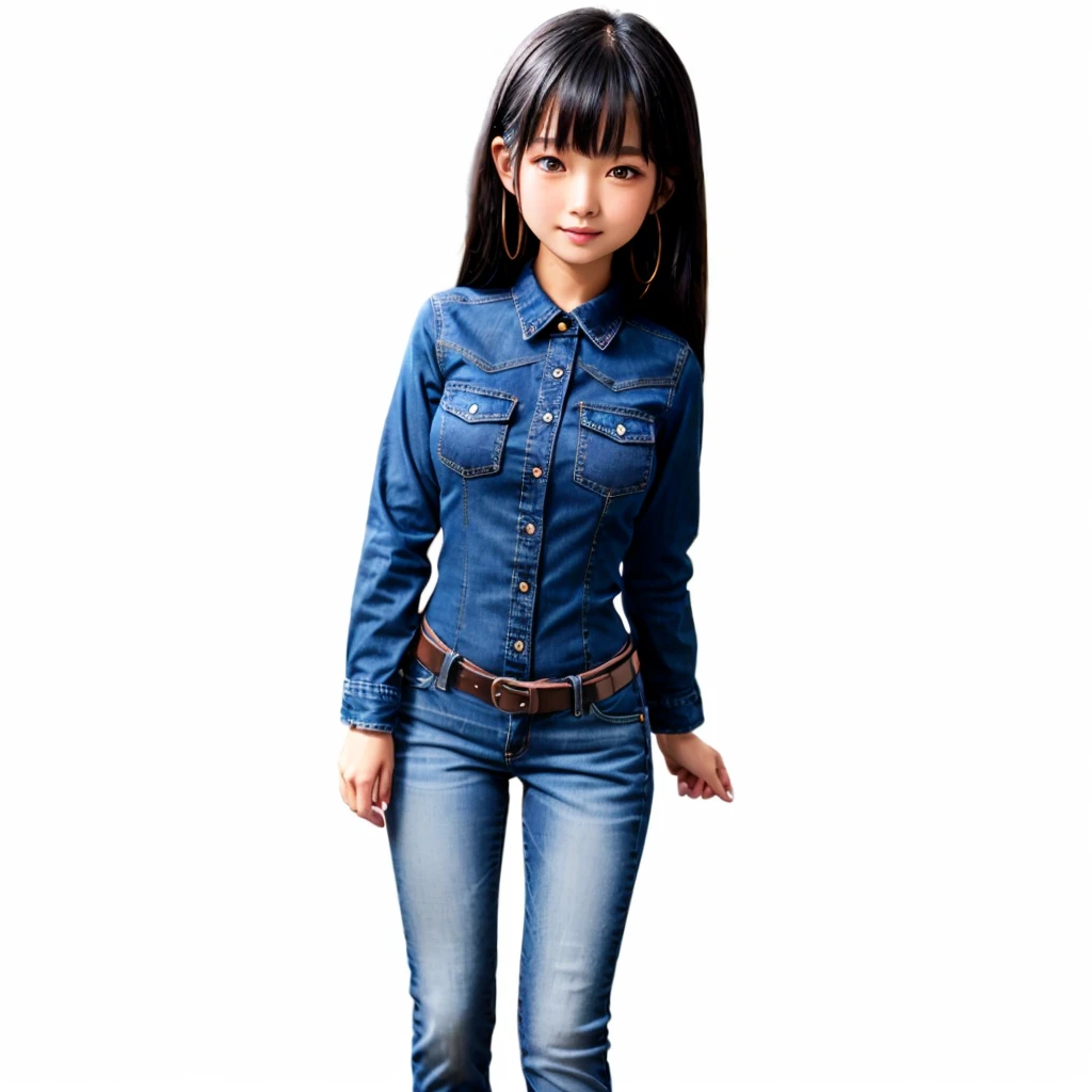 arafed asian woman in a denim shirt and jeans posing for a picture, Cute shirt and jeans, Slim girl photos model, ( ( ( Wearing jeans ) ) ), 黒いシャツとWearing jeans, シャツとWearing jeans, Full body cute young woman, Modern casual wear, Slim girl photos, Wear casual clothes, Wearing a jeans jacket