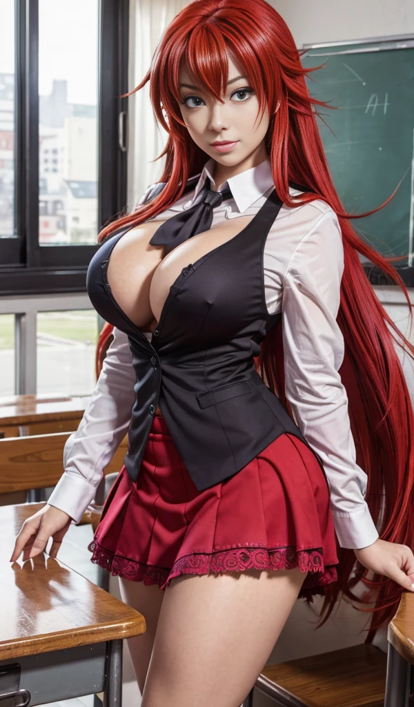 (best quality, masterpiece, colorful, highest detailed), ((photorealistic:1.2)) , raw photo, ((rias gremory)),sexy, big breasts, in classroom,, mini skirt,unbottoned shirt, (vibrant color), (intricate details), dynamic angle