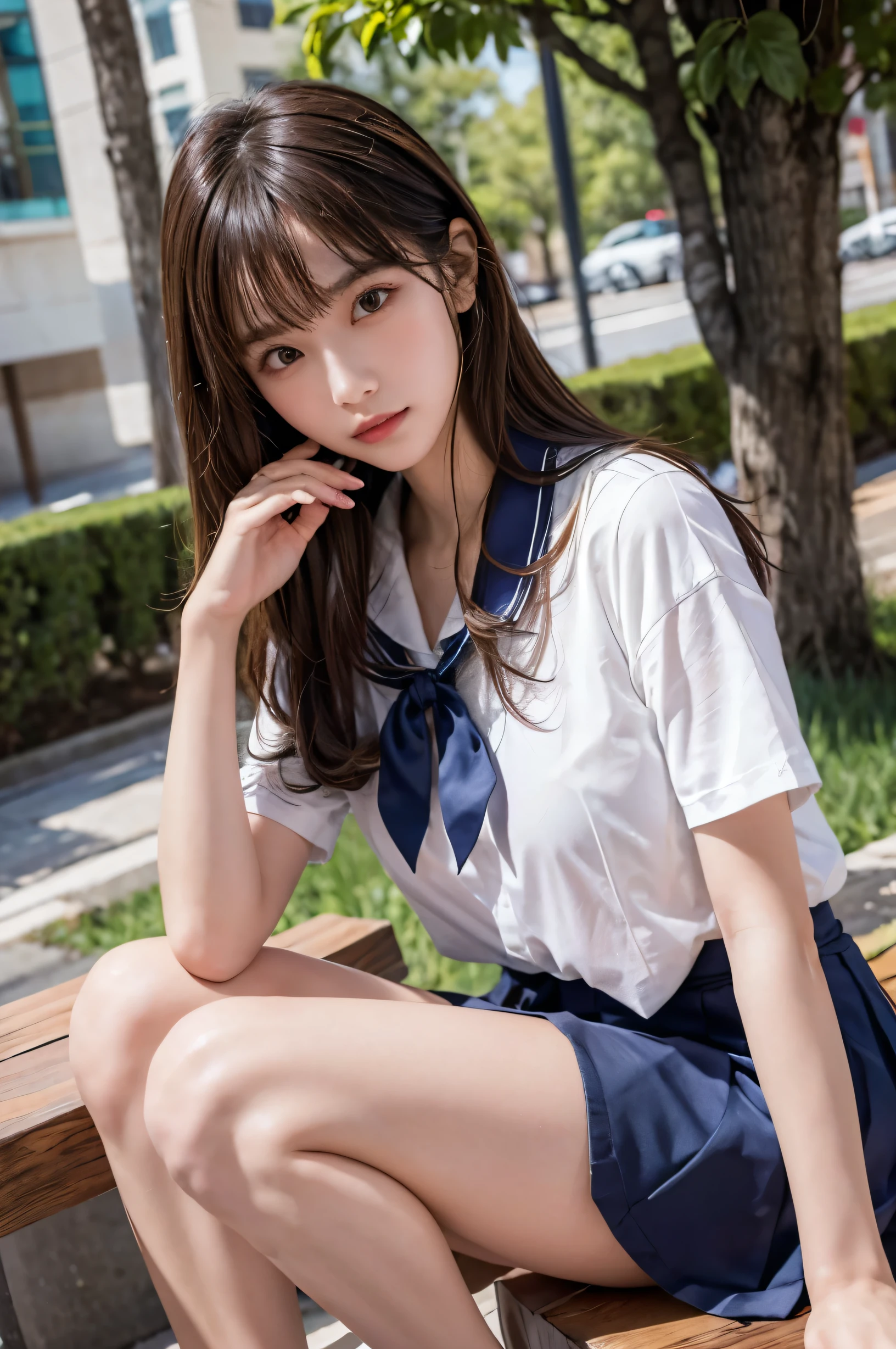 (ultra HD), (White short-sleeved sailor suit, Navy blue mini skirt, Tight fit), Big Breasts, Slender, whole body, (Clean and shiny skin, Whitening, No makeup), (超Slenderな顔立ち, Super beautiful face, Delicate face), (long hair, Layered Cut, Fluffy hair,light brown), (Patchy double eyelids, Slanted Eyes), Small Nose, Thin lips, Thin legs, Schoolyard