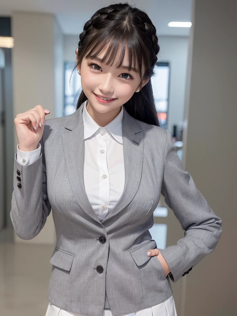 Highest quality、masterpiece、8k、Very detailed、Realistic、(One girl)、(Looking at me with a smile:1.5)、whole body、Black Hair、Small face、(Slender:1.2)、(Big Breasts:1.2)、(White business shirt with buttons and a collar:1.2)、(short tight skirt in gray,:1.2)、(Grey business jacket:1.2)、Braid