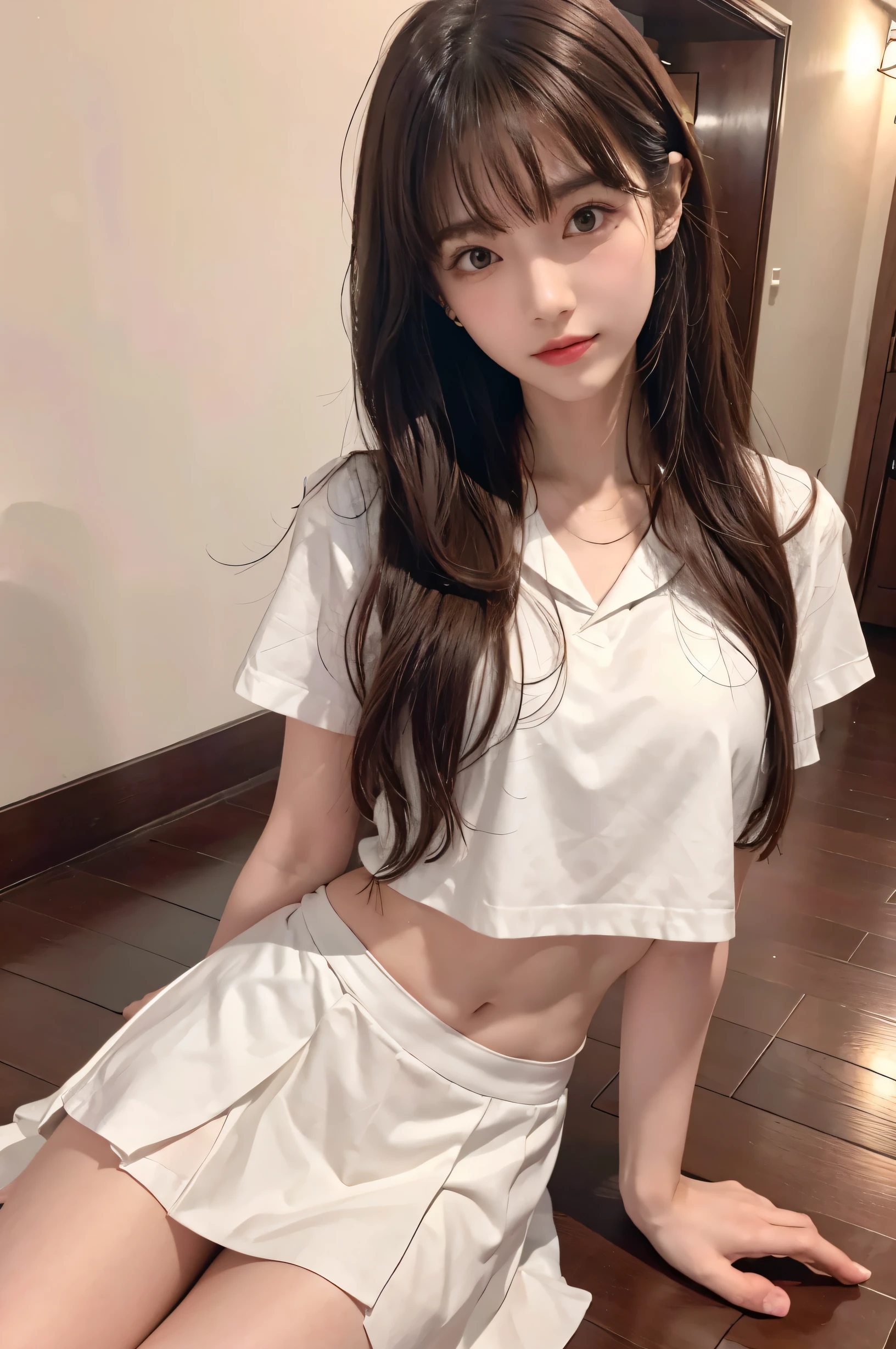japanes、Sheer feeling、ta、realisitic、Visible Pore、accuracy、20yr old、　enticing　、Show a glimpse、Mideum Breast Sunlight、sunlights、(the perfect body : 1.1)、(年轻)、FULL BODYSHOT、(girl wearing school uniform) ：1.4、Button-up shirt）、（Very detailed CG 8k wallpaper）、（extremely delicate and beautiful）、（​masterpiece）、（top-quality：1.0）、（超A high resolution：1.0）、beautiful  lighting、perfect lightning bolt、realistic shadow、[Hi-Res]、Detailed skin、ultra-detailliert、Opening legs、Leg Raising、Kagami、、thighs thighs thighs thighs、thin clavicle、Soft navel、Soft abdomen、full of sweat、red blush、Realistic、Lifelike face、realisticeyes、Small eyes、a smirk 、Cute、erectile nipple、The areol、cleavage of the breast、laying on back、wet​、JK school uniform、panties on 、