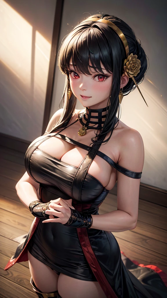 (masterpiece, Highest quality:1.3), (Super detailed:1.4),(Super detailed顔:1.2),(Super detailed目:1.2), (hyperRealistic:1.3), (RAW Photos:1.2), High-definition RAW color photos, Professional photos, (PhotoRealistic:1.4), (Realistic:1.4),8k,Professional Lighting, Perfect Anatomy, BREAK,(Big Breasts:1.6),(blush:1.2),(明るいsmile:1.2),Yolfoger, High detail, Sharp focus, dramatic,dutch angle,Ayorf, Side Lock, Gold Hair Band, hair ornaments, Red eyes, Gold earrings, choker, Exposing shoulders, Black Dress, Double-sided dress, Fingerless gloves, Thigh-high boots, Show me your ass, Show me your assい Tight T-back, smile, Installation location,