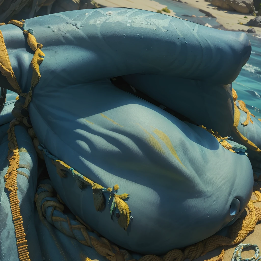 ((ultra detailed, masterpiece, absurdres, 8K, best quality, high quality))avkiri, (blue skin), (colored skin), (yellow eyes), 1girl, solo, long hair, black hair, green eyes, braid, monster girl, realistic, nipples, topless, dark blue areola, lean body, flat chested, small breasts, big perky areola, shy, thick detailed nipples, portrait, full giant moon, moonlit, starry sky, nighttime, moon lit ocean, sitting on sand, spread legs, alien moon, hands on legs