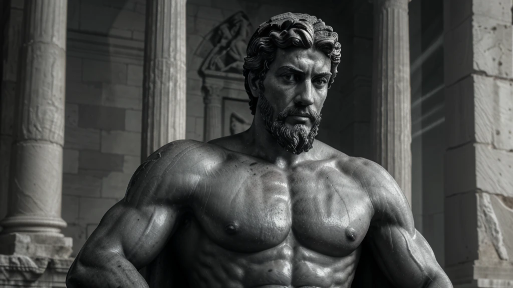 a portrait statue of the stoic Marcus Aurelius in black and white 4K, Super realistic ANCIENT GREEK RUINS, fully body, corpo stark, brawny, stark, wearing no shirt, tronco stark, stark, wearing no shirt, strong arms, 8k, ultra realisitic, cinematographic