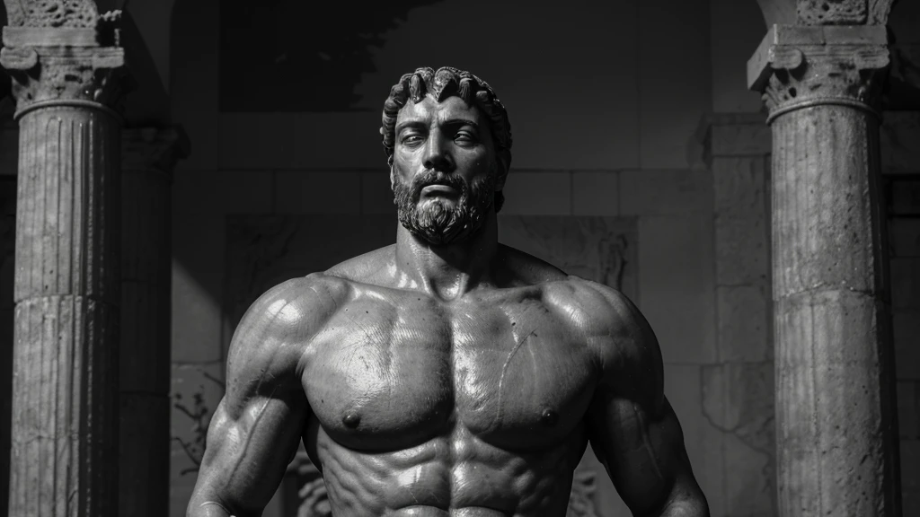 a portrait statue of the stoic Marcus Aurelius in black and white 4K, Super realistic ANCIENT GREEK RUINS, fully body, corpo stark, brawny, stark, wearing no shirt, tronco stark, stark, wearing no shirt, strong arms, 8k, ultra realisitic, cinematographic