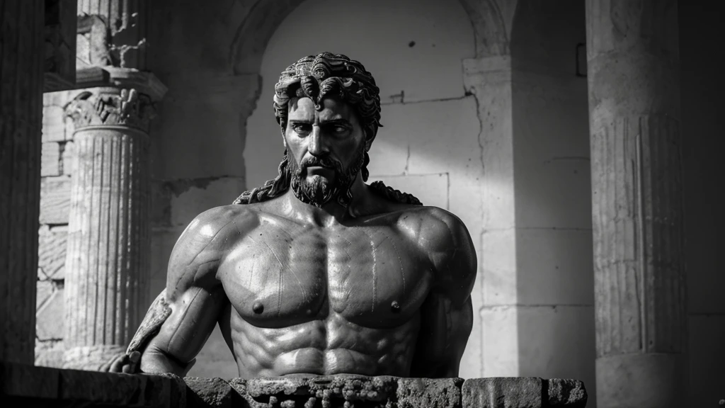 a portrait statue of the stoic Marcus Aurelius in black and white 4K, Super realistic ANCIENT GREEK RUINS, fully body, corpo stark, brawny, stark, wearing no shirt, tronco stark, stark, wearing no shirt, strong arms, 8k, ultra realisitic, cinematographic