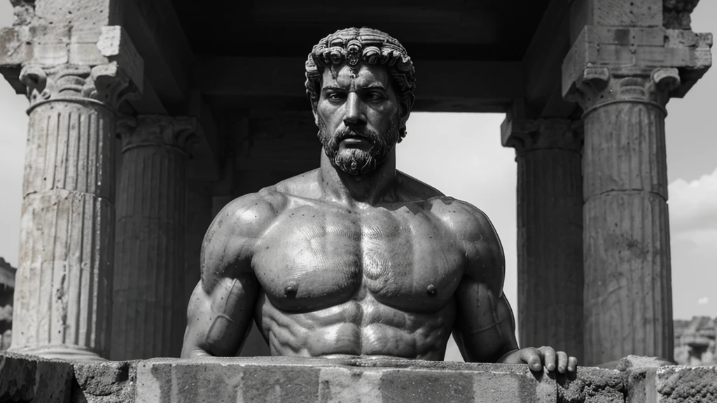 a portrait statue of the stoic Marcus Aurelius in black and white 4K, Super realistic ANCIENT GREEK RUINS, fully body, corpo stark, brawny, stark, wearing no shirt, tronco stark, stark, wearing no shirt, strong arms, 8k, ultra realisitic, cinematographic
