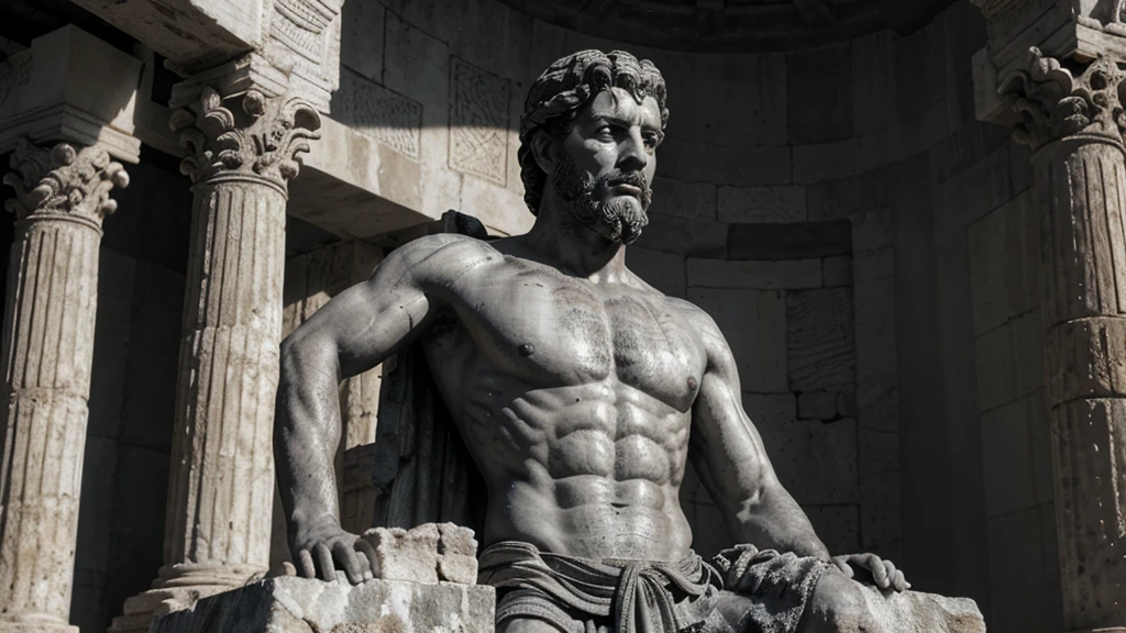a portrait statue of the stoic Marcus Aurelius in black and white 4K, Super realistic ANCIENT GREEK RUINS, fully body, corpo stark, brawny, stark, wearing no shirt, tronco stark, stark, wearing no shirt, strong arms, 8k, ultra realisitic, cinematographic