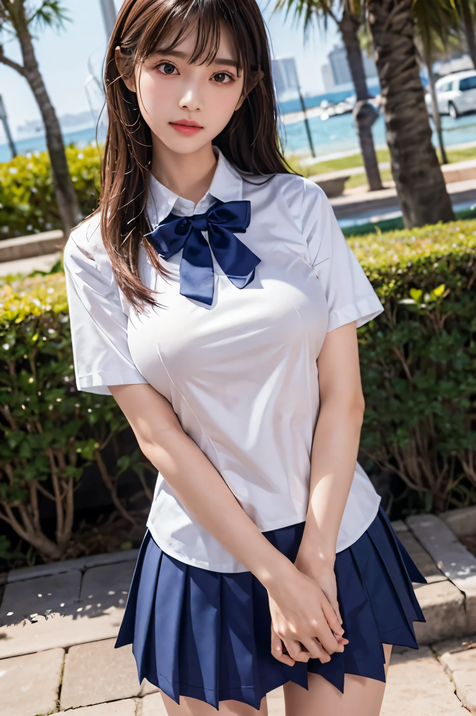 (ultra HD), (School uniform with short sleeves, White collared shirt, Navy Blue Skirt), (Big Breasts:1.5), (The cleavage is visible), Slender, whole body, (Clean and shiny skin, Whitening, No makeup), (超Slenderな顔立ち, Super beautiful face, Delicate face), (long hair, Layered Cut, Fluffy hair,light brown), (Patchy double eyelids, Slanted Eyes), Small Nose, Thin lips, Thin legs, Schoolyard, sunset, Are standing
