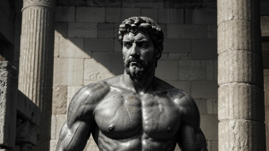 a portrait statue of the stoic Marcus Aurelius in black and white 4K, Super realistic ANCIENT GREEK RUINS, fully body, corpo stark, brawny, stark, wearing no shirt, tronco stark, stark, wearing no shirt, strong arms, 8k, ultra realisitic, cinematographic
