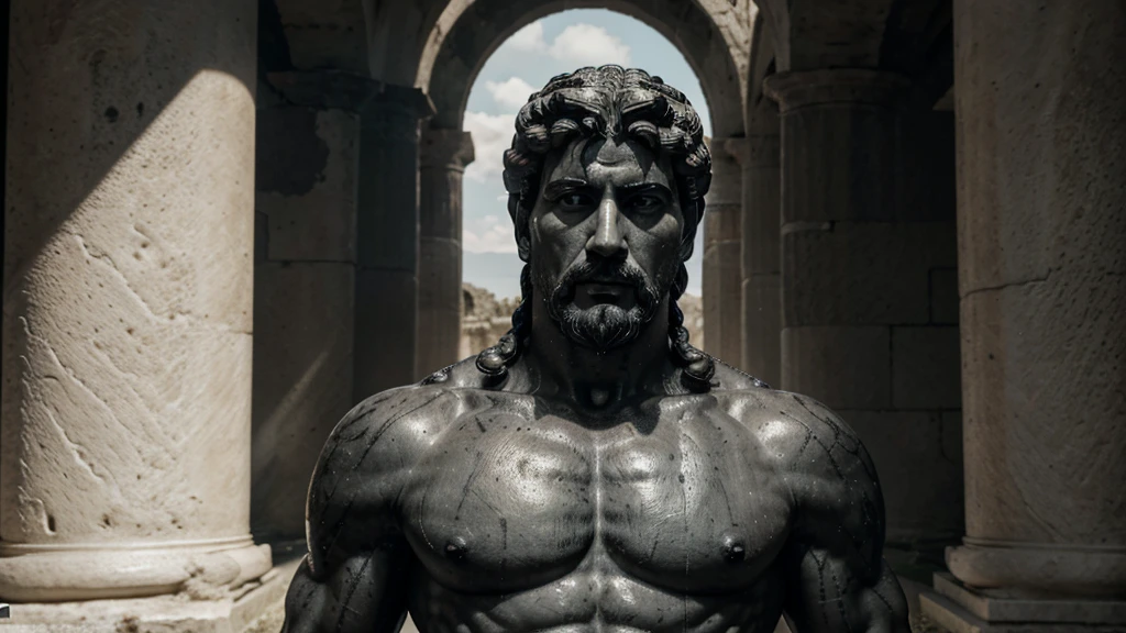 a portrait statue of the stoic Marcus Aurelius in black and white 4K, Super realistic ANCIENT GREEK RUINS, fully body, corpo stark, brawny, stark, wearing no shirt, tronco stark, stark, wearing no shirt, strong arms, 8k, ultra realisitic, cinematographic