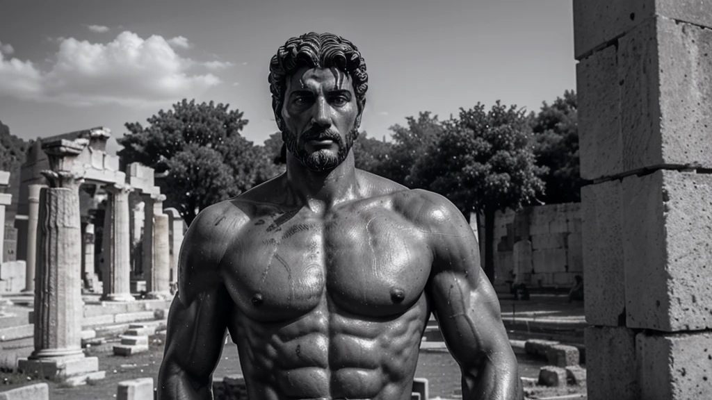 a portrait statue of the stoic Marcus Aurelius in black and white 4K, Super realistic ANCIENT GREEK RUINS, fully body, corpo stark, brawny, stark, wearing no shirt, tronco stark, stark, wearing no shirt, strong arms, 8k, ultra realisitic, cinematographic