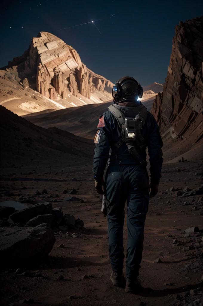 An astronaut walking on Mars at night, with an environment filled with rocks, stones, mountains, and peaks. The scene is viewed from behind the astronaut, so the viewer sees the astronaut from the back. The Martian sky is dark with stars visible, and the landscape is illuminated by the astronaut's suit lights.