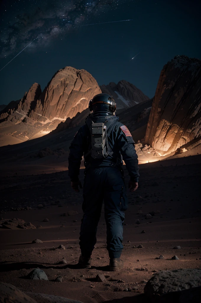 An astronaut walking on Mars at night, with an environment filled with rocks, stones, mountains, and peaks. The scene is viewed from behind the astronaut, so the viewer sees the astronaut from the back. The Martian sky is dark with stars visible, and the landscape is illuminated by the astronaut's suit lights.