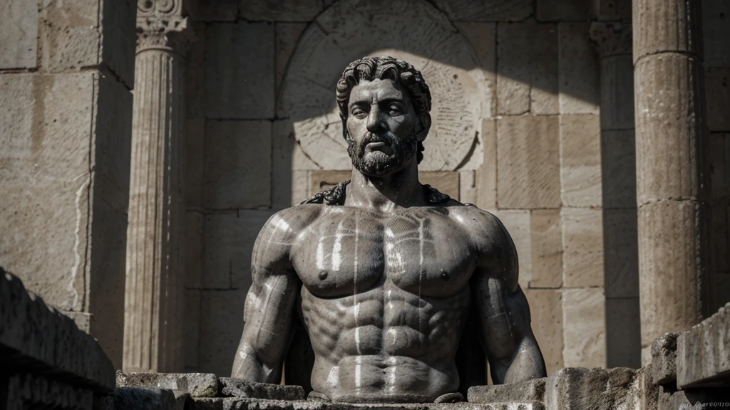 a portrait statue of the stoic Marcus Aurelius in black and white 4K, Super realistic ANCIENT GREEK RUINS, fully body, corpo stark, brawny, stark, wearing no shirt, tronco stark, stark, wearing no shirt, strong arms, 8k, ultra realisitic, cinematographic
