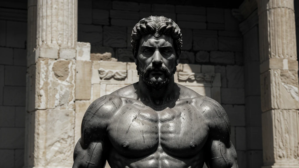 a portrait statue of the stoic Marcus Aurelius in black and white 4K, Super realistic ANCIENT GREEK RUINS, fully body, corpo stark, brawny, stark, wearing no shirt, tronco stark, stark, wearing no shirt, strong arms, 8k, ultra realisitic, cinematographic