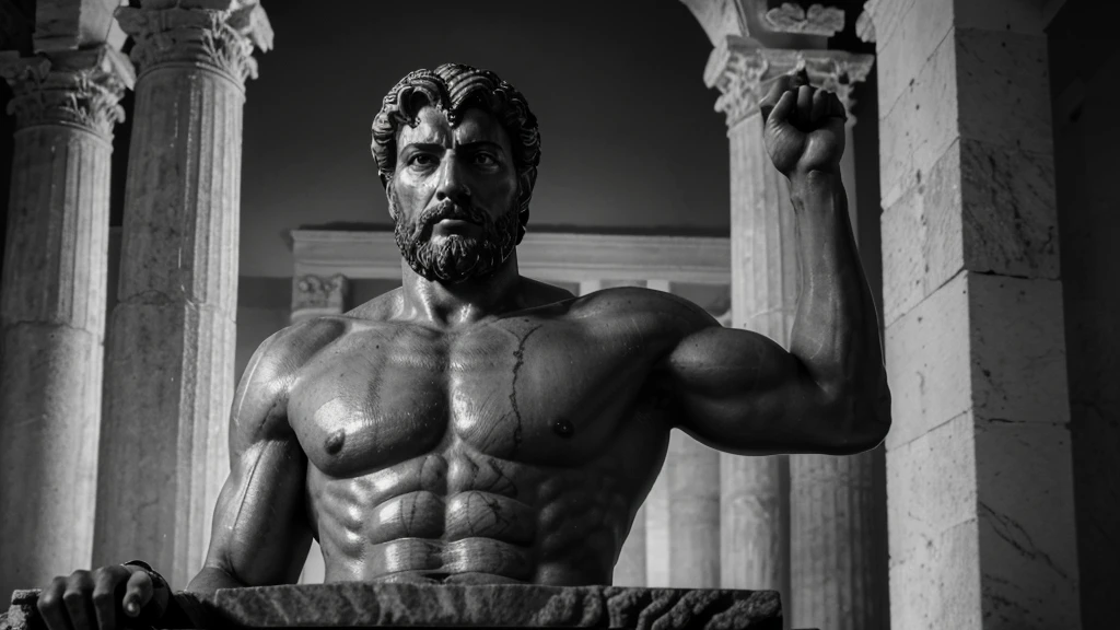 a portrait statue of the stoic Marcus Aurelius in black and white 4K, Super realistic ANCIENT GREEK RUINS, fully body, corpo stark, brawny, stark, wearing no shirt, tronco stark, stark, wearing no shirt, strong arms, 8k, ultra realisitic, cinematographic