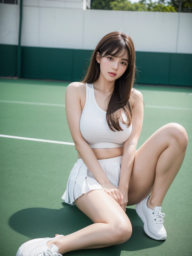 White tennis wear, tennis racket, Tennis ball, Tennis court, (Highest quality) , ((Very detailed)) , 4K , (8k) , masterpiece, Very detailedな, Highest quality, Super Resolution, 1 person, Crying a little, Soft Light, RAW quality, Soft Skin, 152cm , 20-year-old girl, Cute type, Big Natural Color Lip, Positive, Spread your legs， (Provocative dynamic pose) , (Perfect figure)Beautiful feet, Voluptuous thighs, Soft long hair, bangs, Brown Hair, 1 personの***, Highest Resolution, Big and cute eyes, A clear double, White pleated micro mini skirt, No underwear, Voluptuous thighs, Plump body, Huge breasts, (Expresses the roundness and softness of the chest area...1) , I&#39;m a little sweaty, Pussy in full view, Skirt flip, Beautiful pussy line