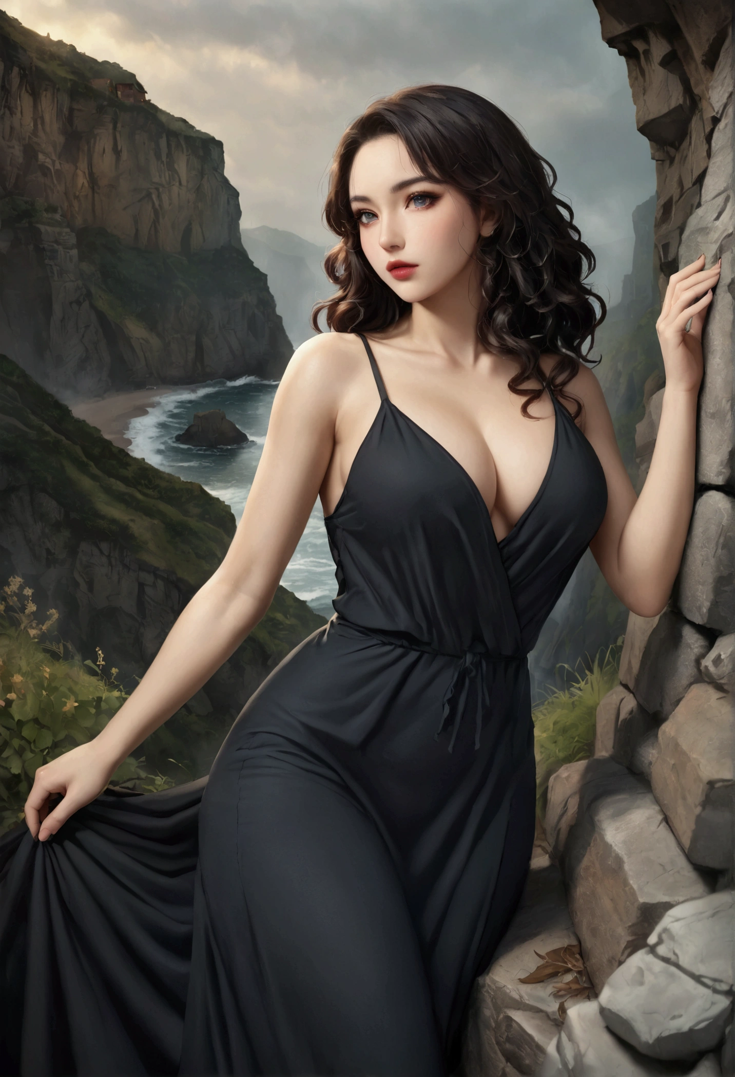 (Sharp focus:1.2), photograph, Attractive Young Woman, (Beautiful Face:1.1), Detailed eyes, Seductive lips, (Smokey Eye Makeup:0.85), (Medium chest:1.0), (An athletic body:1.2), (Wavy Hair:1.2), wear (Maxi Dresses:1.2) To (Cliff Side:1.2). (Moody lighting:1.2), Depth of written boundary, Bokeh, 4K, High resolution. Toよる (James C. Christensen:1.2|Jeremy Lipking:1.1).