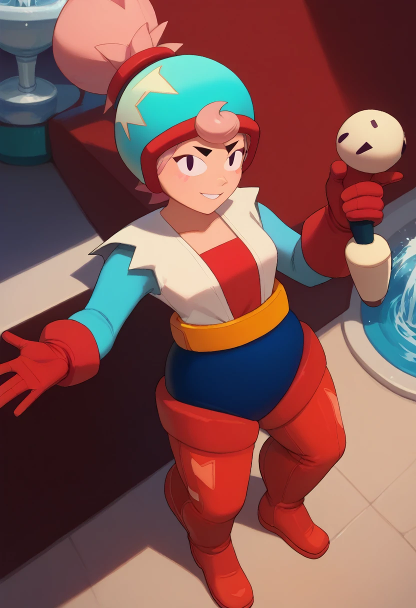 score_9, score_8_above, score_7_above, fountain_cheered up, Alone, 1 fat girl, damn, SMILE, looking at the viewer, holding the microphone, Horse tail, hull, Multicolor clothing, blue leotard, long sleeves, red gloves, thigh high boots, belt, stand out 