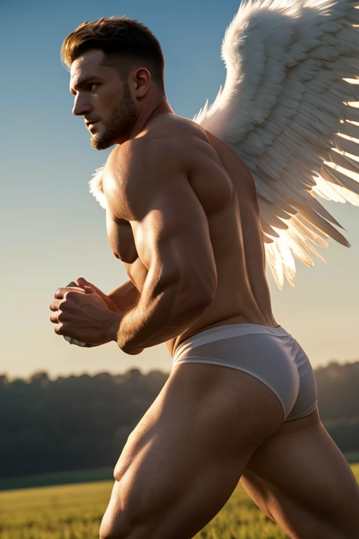 a handsome angel with white wings walking on a field, wind blowing, holy light shining down from behind, muscular bare-chested and bare-legged figure resembling NFL player Nick Bosa, pure skin, extremely muscular, hairless body, cinematic lighting, dramatic pose, detailed facial features, beautiful glowing skin, chiaroscuro lighting, dynamic composition, dramatic camera angle, volumetric lighting, hyper-realistic, 8k, ultra-detailed, masterpiece, photorealistic