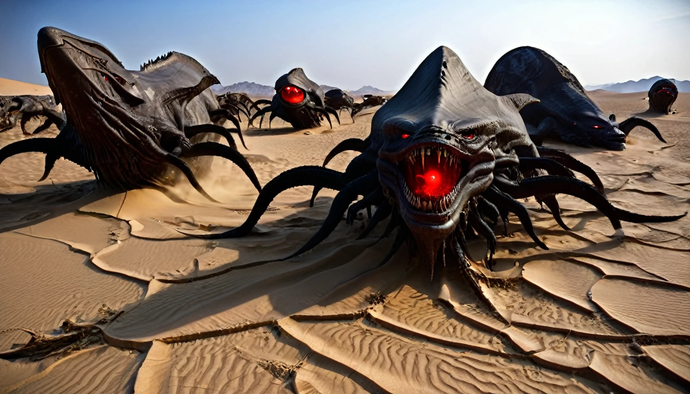 (3D rendering:3.1) in (medium full shot:3.1) of lot of 5characters from a movie for (the undead horde surges across the desert, leaving a trail of chaos and destruction in their wake. a space creature appears with red eyes glowing with an eerie light and its mouth twisted into a grotesque snarl:2.5), inspired by Zdzislaw Beksinski and Hans Bellmer art, (with Creepy, Sci-Fi, Fantasy and Horror:2.9) retro sci fi, Horror movie, very detailed body, moody, epic, shot on Kodak Vision3, (intricate details:2.4), (hyperdetailed:3.1), (8k resolution:3.1), (high detailed:4.1), lot of detailed, high quality, soft (cinematic:3.3) light, dramatic atmosphere, atmospheric pespective, (impactful art:2.8), rich colors, (3D rendering:3.1)