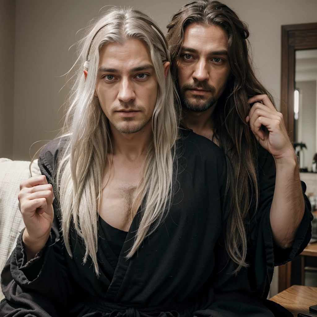 1 guy, Half elf, sleepy white eyes, Wise man, neck-length hair, messy hair, thin beard, drunkard, mediaval, Dress neatly, Wearing a black shirt and robe, white hair, lazy face, looks like haymitch from hungger game