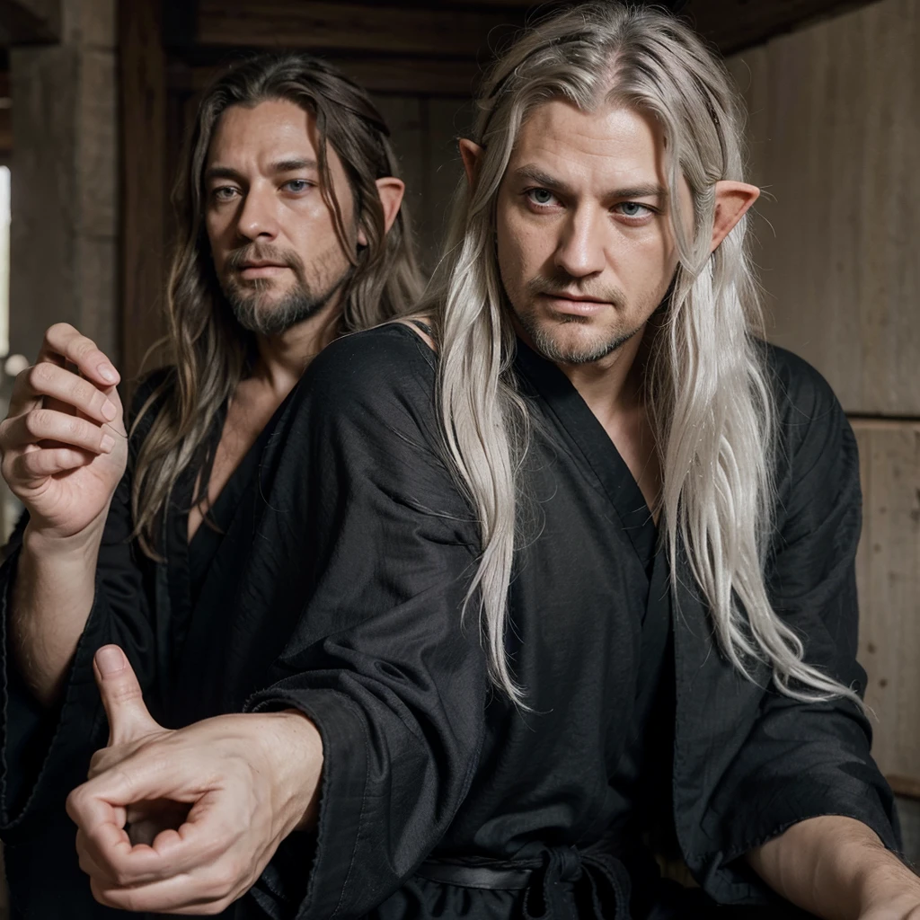 1 guy, Half elf, sleepy white eyes, Wise man, neck-length hair, messy hair, thin beard, drunkard, mediaval, Dress neatly, Wearing a black shirt and robe, white hair, lazy face, looks like haymitch from hungger game