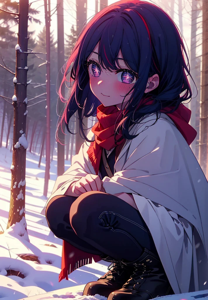 aihoshino, Ai Hoshino, Long Hair, bangs, (Purple eyes:1.1), Purple Hair, (Symbol-shaped pupil:1.5), smile,,smile,blush,white breath,
Open your mouth,snow,Ground bonfire, Outdoor, boots, snowing, From the side, wood, suitcase, Cape, Blurred, , forest, White handbag, nature,  Squat, Mouth closed, Cape, winter, Written boundary depth, Black shoes, red Cape break looking at viewer, Upper Body, whole body, break Outdoor, forest, nature, break (masterpiece:1.2), Highest quality, High resolution, unity 8k wallpaper, (shape:0.8), (Beautiful and beautiful eyes:1.6), Highly detailed face, Perfect lighting, Highly detailed CG, (Perfect hands, Perfect Anatomy),