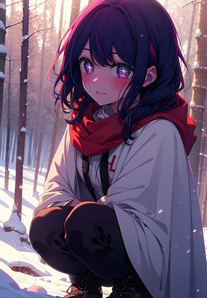 aihoshino, Ai Hoshino, Long Hair, bangs, (Purple eyes:1.1), Purple Hair, (Symbol-shaped pupil:1.5), smile,,smile,blush,white breath,
Open your mouth,snow,Ground bonfire, Outdoor, boots, snowing, From the side, wood, suitcase, Cape, Blurred, , forest, White handbag, nature,  Squat, Mouth closed, Cape, winter, Written boundary depth, Black shoes, red Cape break looking at viewer, Upper Body, whole body, break Outdoor, forest, nature, break (masterpiece:1.2), Highest quality, High resolution, unity 8k wallpaper, (shape:0.8), (Beautiful and beautiful eyes:1.6), Highly detailed face, Perfect lighting, Highly detailed CG, (Perfect hands, Perfect Anatomy),