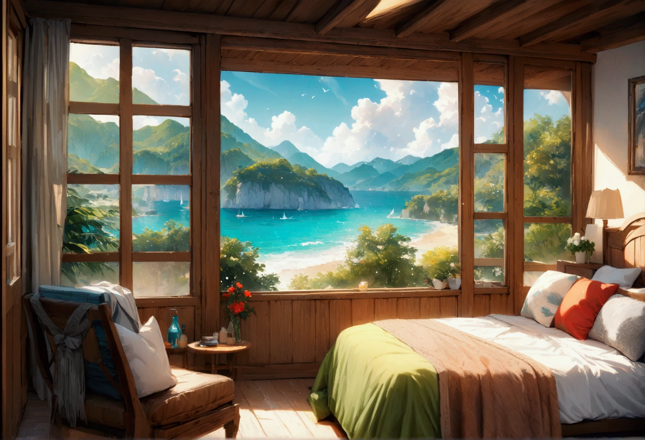 Holiday Homes, Large windows and beautiful views,Wooden Lodge,Inside the room,Blur the background,Pleasant sea breeze,Glitter effect,Highest quality, 8k, High resolution, masterpiece:1.2, Very detailed, Realistic:1.37, High resolution, 超High resolution, Ultra-fine painting, Very detailed, Professional, Vibrant colors
