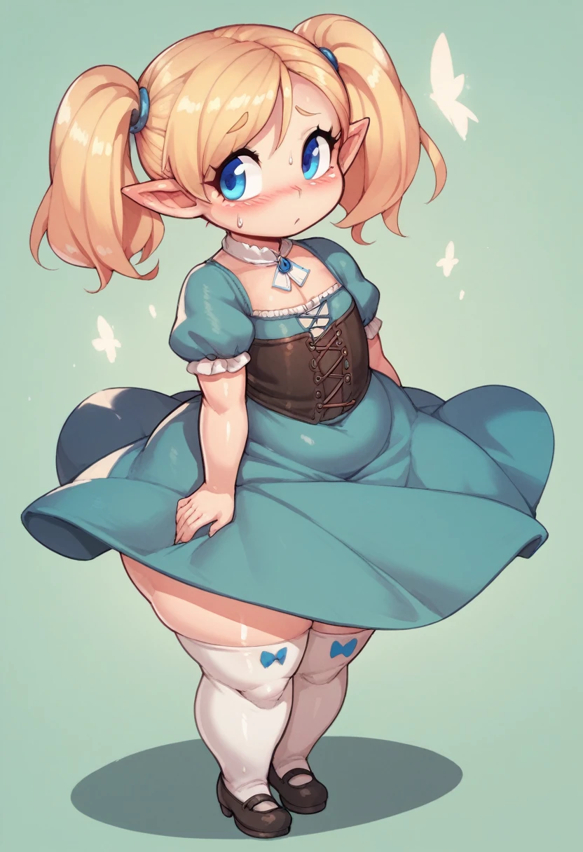 score_9, score_8_up, score_7_up, 1girl, cartoon, flat chest, hair bob, fat, short, adorable, shortstack, pointed ears, blonde hair, blue eyes, black cute shoes, thigh highs, huge hips, shy, milf, medieval dress, pigtails