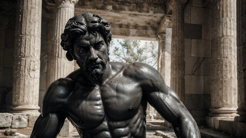 a portrait statue of the stoic Marcus Aurelius in black and white 4K, Super realistic ANCIENT GREEK RUINS, fully body, corpo stark, brawny, stark, wearing no shirt, tronco stark, stark, wearing no shirt, strong arms, 8k, ultra realisitic, cinematographic
