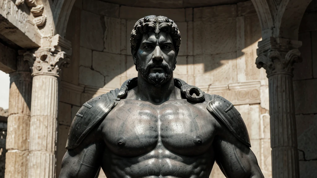 a portrait statue of the stoic Marcus Aurelius in black and white 4K, Super realistic ANCIENT GREEK RUINS, fully body, corpo stark, brawny, stark, wearing no shirt, tronco stark, stark, wearing no shirt, strong arms, 8k, ultra realisitic, cinematographic
