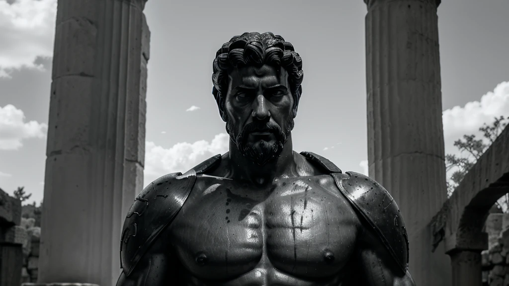 a portrait statue of the stoic Marcus Aurelius in black and white 4K, Super realistic ANCIENT GREEK RUINS, fully body, corpo stark, brawny, stark, wearing no shirt, tronco stark, stark, wearing no shirt, strong arms, 8k, ultra realisitic, cinematographic