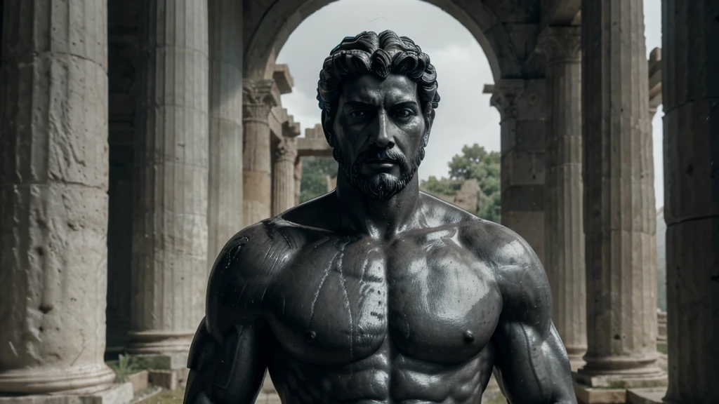 a portrait statue of the stoic Marcus Aurelius in black and white 4K, Super realistic ANCIENT GREEK RUINS, fully body, corpo stark, brawny, stark, wearing no shirt, tronco stark, stark, wearing no shirt, strong arms, 8k, ultra realisitic, cinematographic