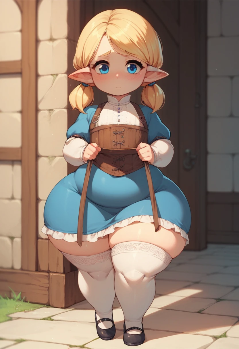 score_9, score_8_up, score_7_up, 1girl, cartoon, flat chest, hair bob, fat, short, adorable, shortstack, pointed ears, blonde hair, blue eyes, black cute shoes, thigh highs, huge hips, shy, milf, medieval dress, pigtails