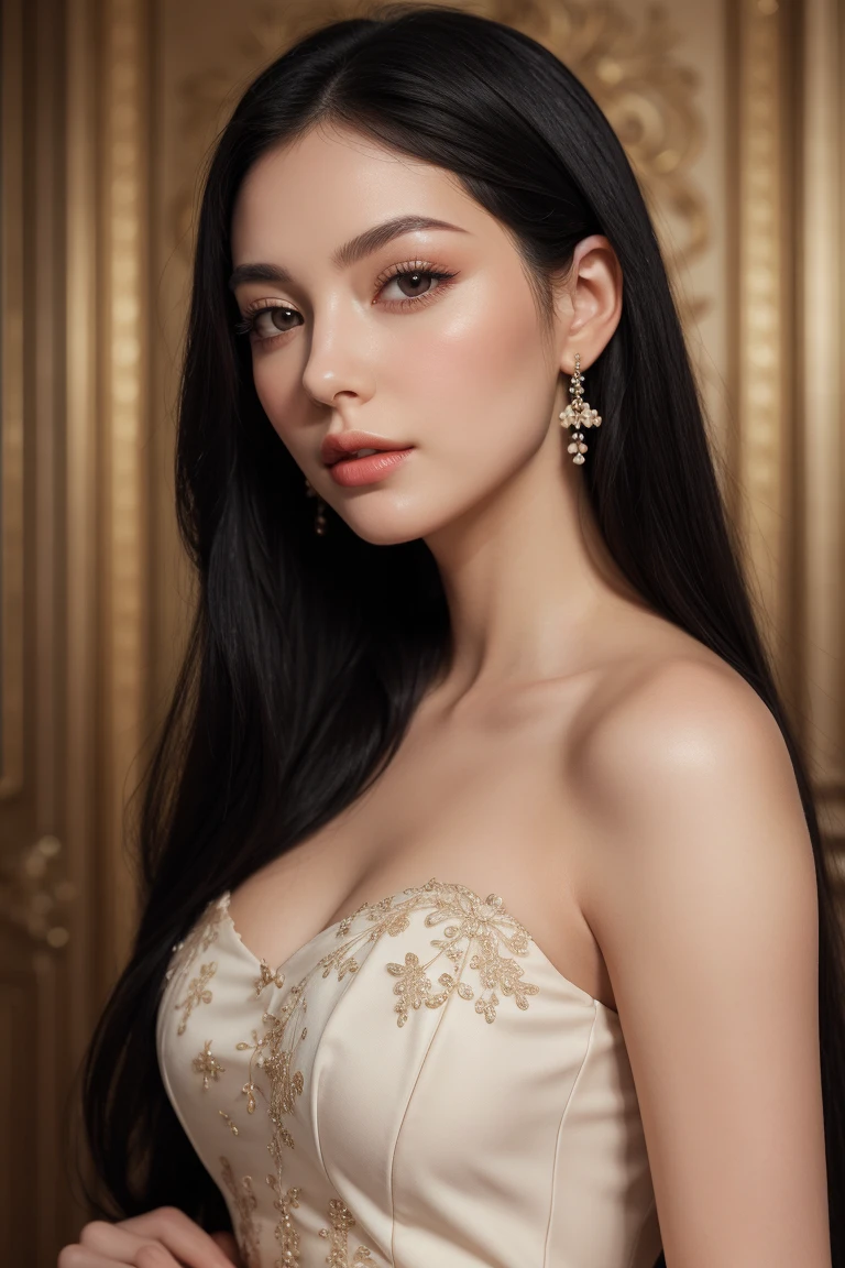 1womanl, long, straight black hair,flushed lips and cheeks, large and delicate eyelashes,Elegant and sweet,European