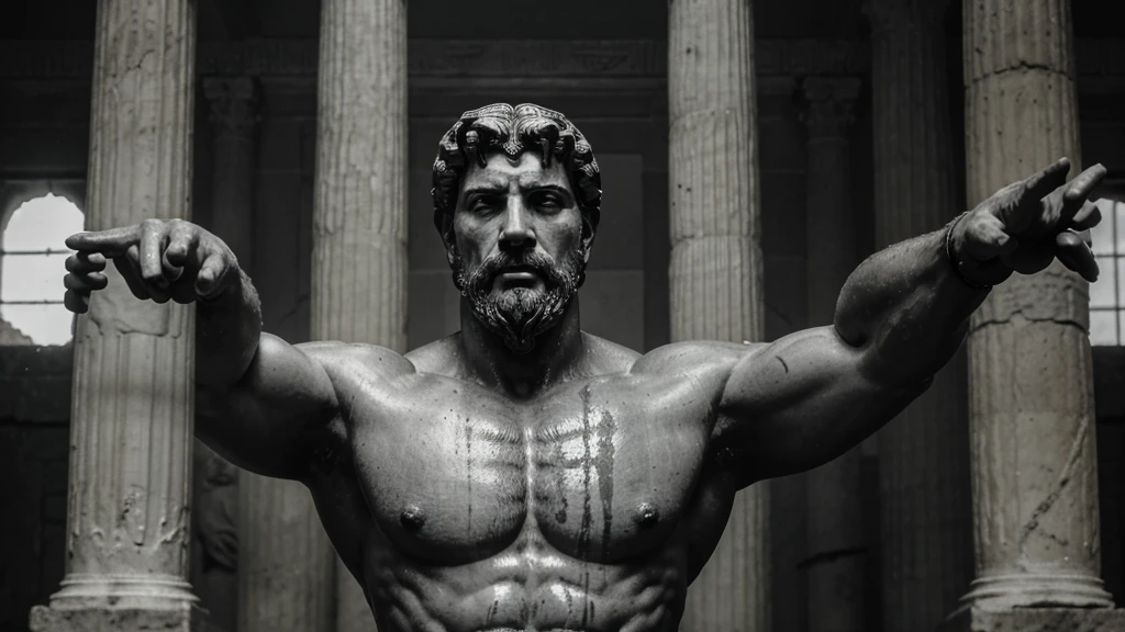 a portrait statue of the stoic Marcus Aurelius in black and white 4K, Super realistic ANCIENT GREEK RUINS, fully body, corpo stark, brawny, stark, wearing no shirt, tronco stark, stark, wearing no shirt, strong arms, 8k, ultra realisitic, cinematographic
