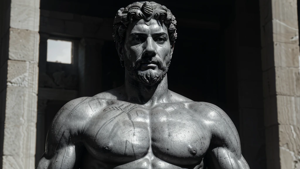 a portrait statue of the stoic Marcus Aurelius in black and white 4K, Super realistic ANCIENT GREEK RUINS, fully body, corpo stark, brawny, stark, wearing no shirt, tronco stark, stark, wearing no shirt, strong arms, 8k, ultra realisitic, cinematographic
