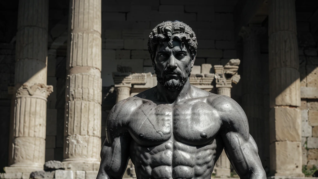 a portrait statue of the stoic Marcus Aurelius in black and white 4K, Super realistic ANCIENT GREEK RUINS, fully body, corpo stark, brawny, stark, wearing no shirt, tronco stark, stark, wearing no shirt, strong arms, 8k, ultra realisitic, cinematographic