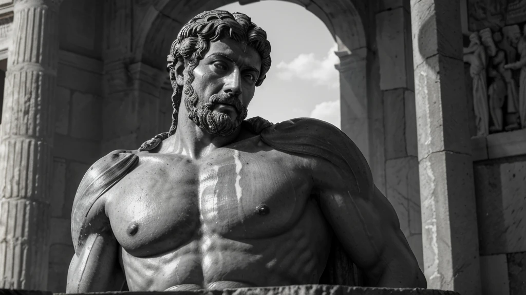 a portrait statue of the stoic Marcus Aurelius in black and white 4K, Super realistic ANCIENT GREEK RUINS, fully body, corpo stark, brawny, stark, wearing no shirt, tronco stark, stark, wearing no shirt, strong arms, 8k, ultra realisitic, cinematographic
