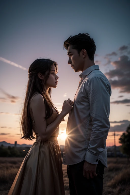 Clara and Miguel meeting for the first time, the sky in sunset tones in the background.*