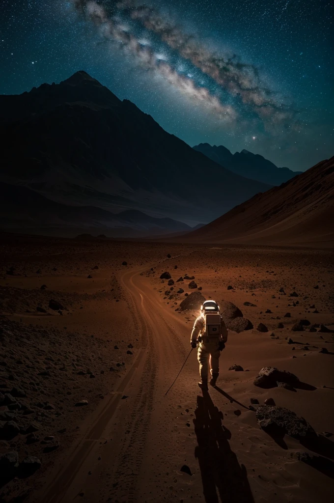 An astronaut walking on Mars at night, with an environment filled with rocks, stones, mountains, and peaks. The scene is viewed from behind the astronaut, so the viewer sees the astronaut from the back. The Martian sky is dark with stars visible, and the landscape is illuminated by the astronaut's suit lights.