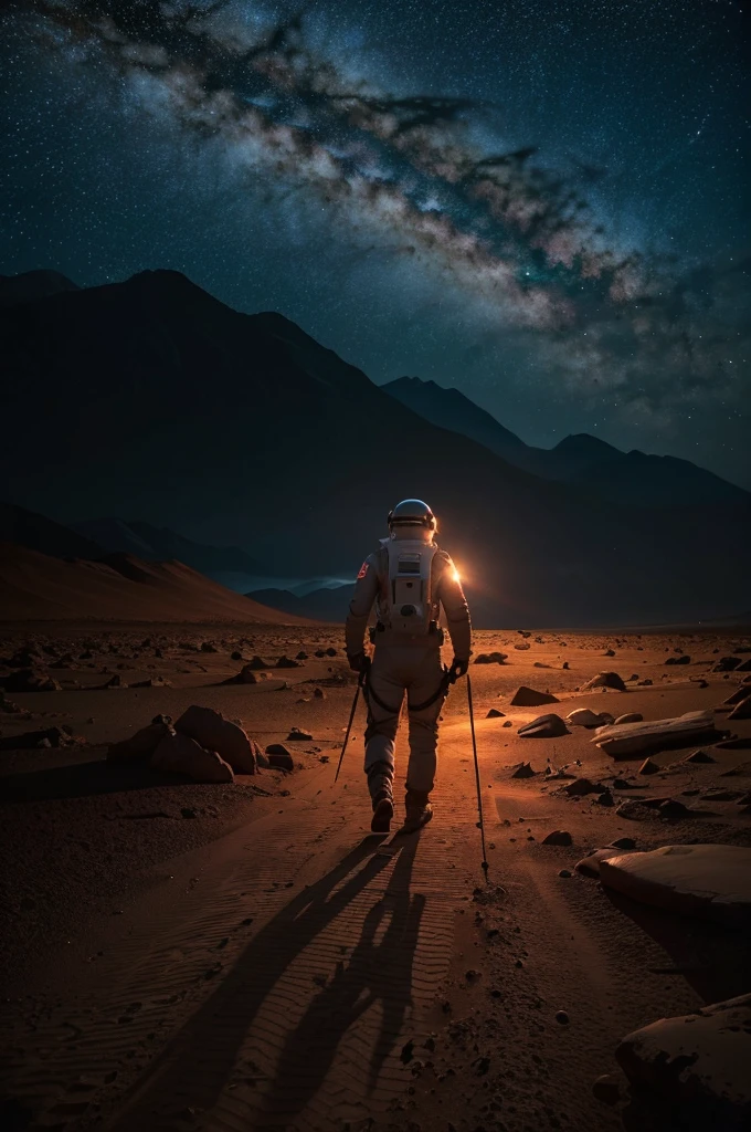 An astronaut walking on Mars at night, with an environment filled with rocks, stones, mountains, and peaks. The scene is viewed from behind the astronaut, so the viewer sees the astronaut from the back. The Martian sky is dark with stars visible, and the landscape is illuminated by the astronaut's suit lights.