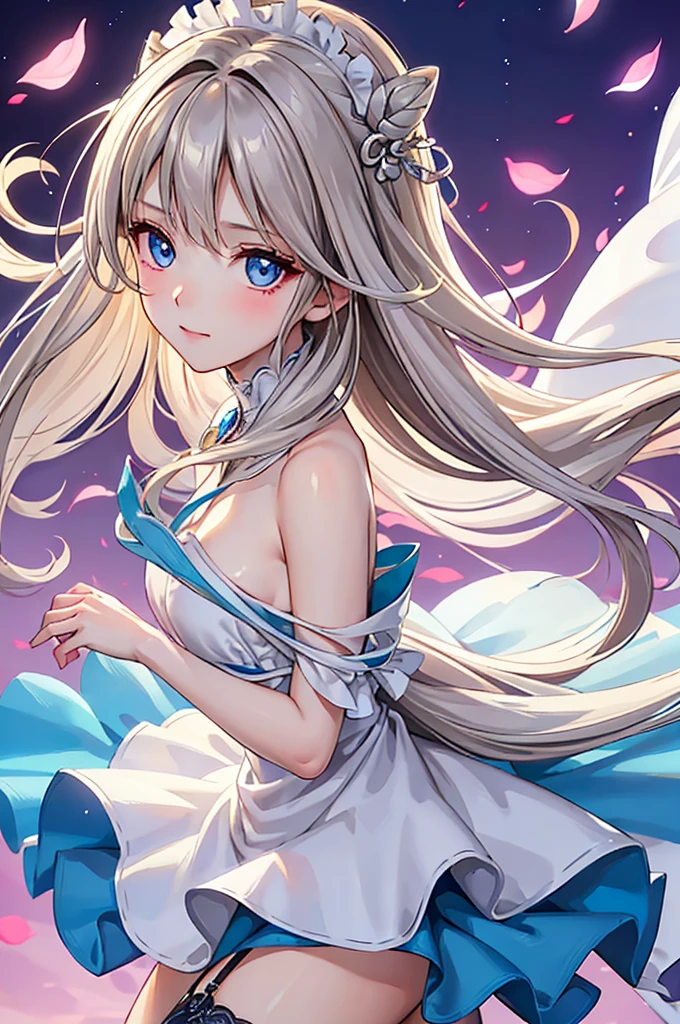 1 girl, scenery, vibrant colors, sharp focus, best quality, depth of field, cinematic lighting, flying petals in the wind,
(silver eyes), silver hair, extremely long hair, slight blush, slight smile,
(glowing:1.5), maid, glow hair, from above, hands together, close up, wearing see trough dress, lingerie, elegant dress, back view, EPSILYB, drill hair, blonde hair, blue eyes, empty eyes, yellow dress, white dress, wearing striped_dress,