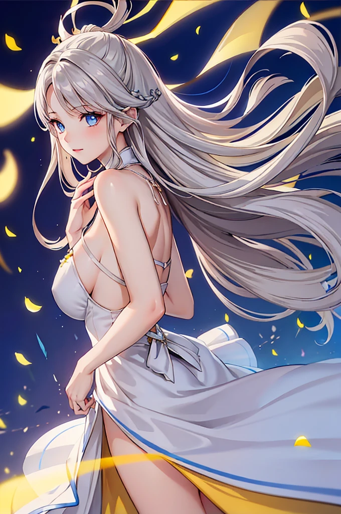 1 girl, scenery, vibrant colors, sharp focus, best quality, depth of field, cinematic lighting, flying petals in the wind,
(silver eyes), silver hair, extremely long hair, slight blush, slight smile,
(glowing:1.5), maid, glow hair, from above, hands together, close up, wearing see trough dress, lingerie, elegant dress, back view, EPSILYB, drill hair, blonde hair, blue eyes, empty eyes, yellow dress, white dress, wearing striped_dress,