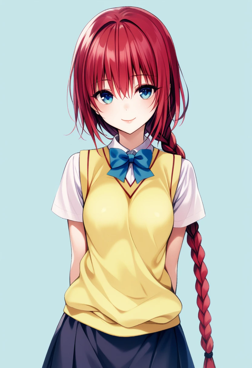 say something, Blue eyes, Red hair, wide, braid, long braid, He drowned, Little mom, , Skirt, sweater vest, looking at the viewer, light smile, Upper part of the body, 
Masterpiece, Best Quality, very aesthetic, absurdities, straight, 
